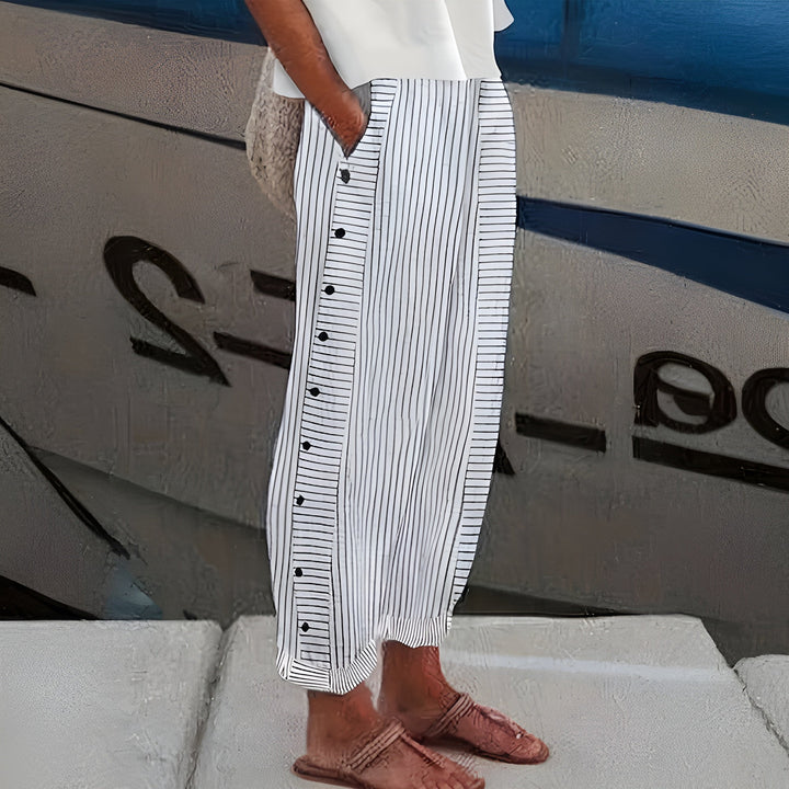 Graue casual Damen Sommerhose, auch in Großen Größen. Lockerer Schnitt, elastischer Bund, ideal als Freizeithose.