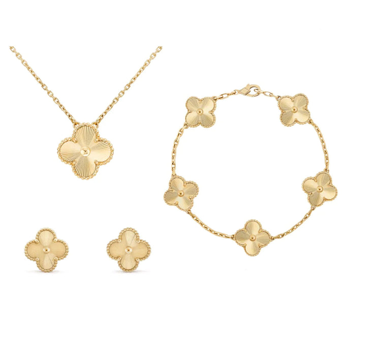 Glänzende vergoldete Edelstahl Kleeblatt Ohrringe für Damen. Feiner Schmuck, vielseitig kombinierbar.