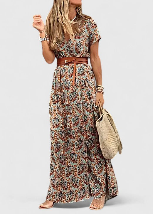 Luftiges Damen Maxikleid, Boho V-Ausschnitt, ideal als lässiges Strandkleid oder schickes Urlaubskleid im Sommer.