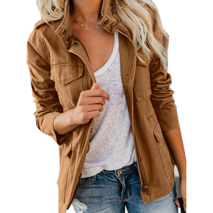 Stilvolle Damen Utility Jacke, Relaxed Fit. Perfekt als Freizeitjacke für Frühling & Herbst mit Reißverschluss.