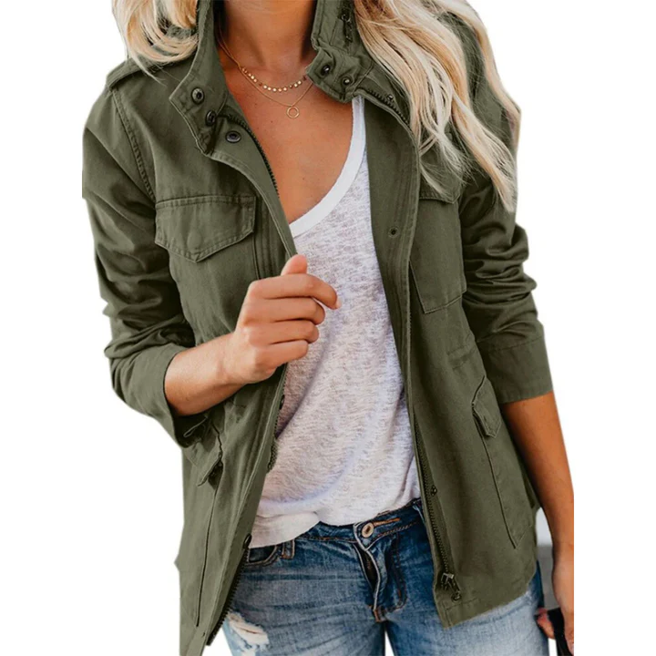 Damen Relaxed Fit Utility Jacke in modernem Design. Komfortable Übergangsjacke mit Reißverschluss & Knöpfen für den Alltag.