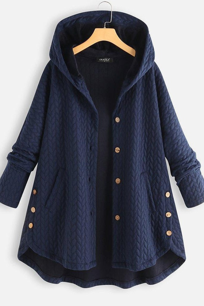 Eleganter Damen A-Linien Kapuzenmantel in Midi-Länge mit Knopfverschluss, perfekt für Herbst und Winter.