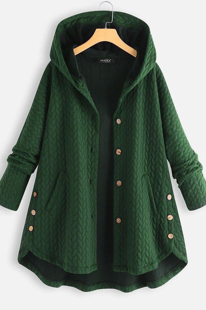 Moderner Übergangsmantel für Damen: A-Linien-Schnitt, Kapuze, Knopfverschluss. Ideal für stilvolle Herbstmode.