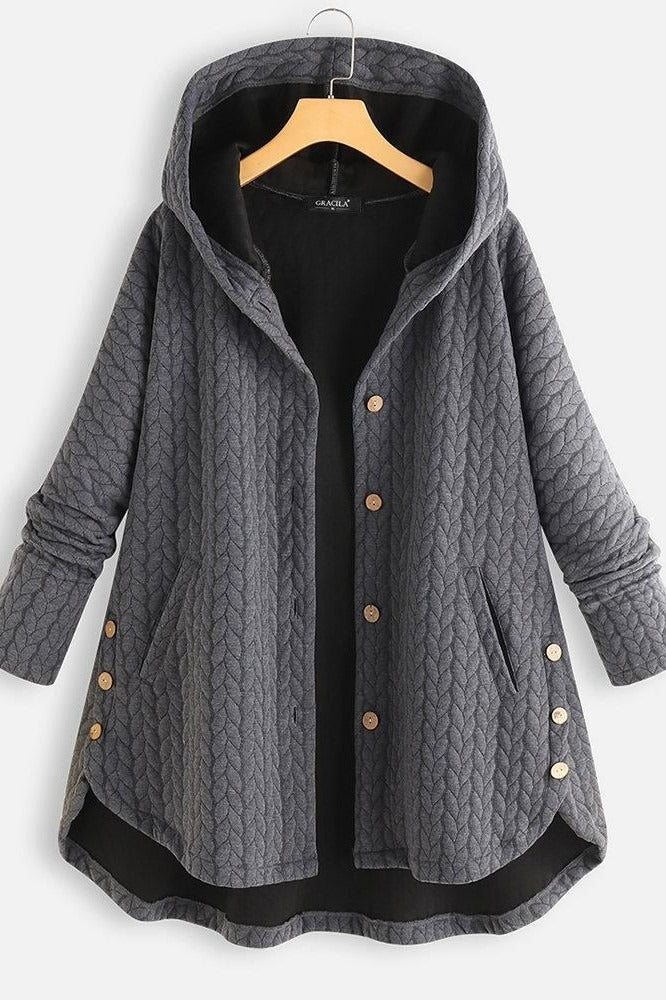 Hochwertiger Damen Midimantel mit Kapuze, Knopfleiste und schmeichelhaftem A-Linien-Design.