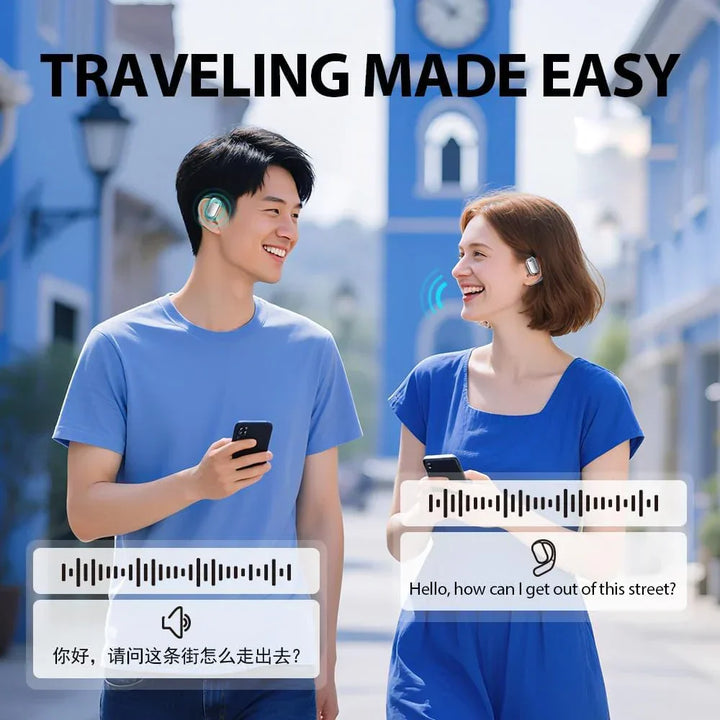Lexora Echtzeit-Sprachübersetzer-Ohrhörer mit intuitivem LCD-Touch-Display für Reisen und Business.