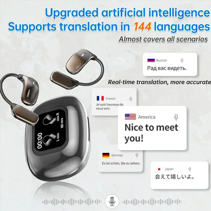Reisefreundliche Bluetooth-Ohrhörer Lexora für Echtzeit-Sprachübersetzung, perfekt für internationale Kommunikation.