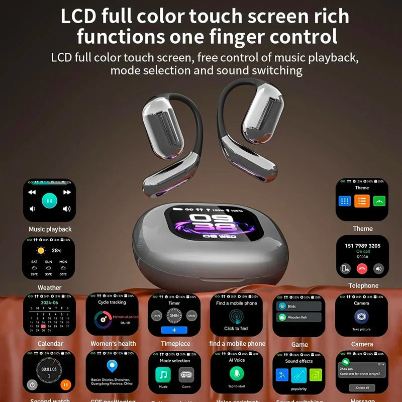 Innovatives Bluetooth-Gadget: Lexora Echtzeit-Übersetzer-Ohrhörer mit smartem Touch-Display für schnelle Dialoge.