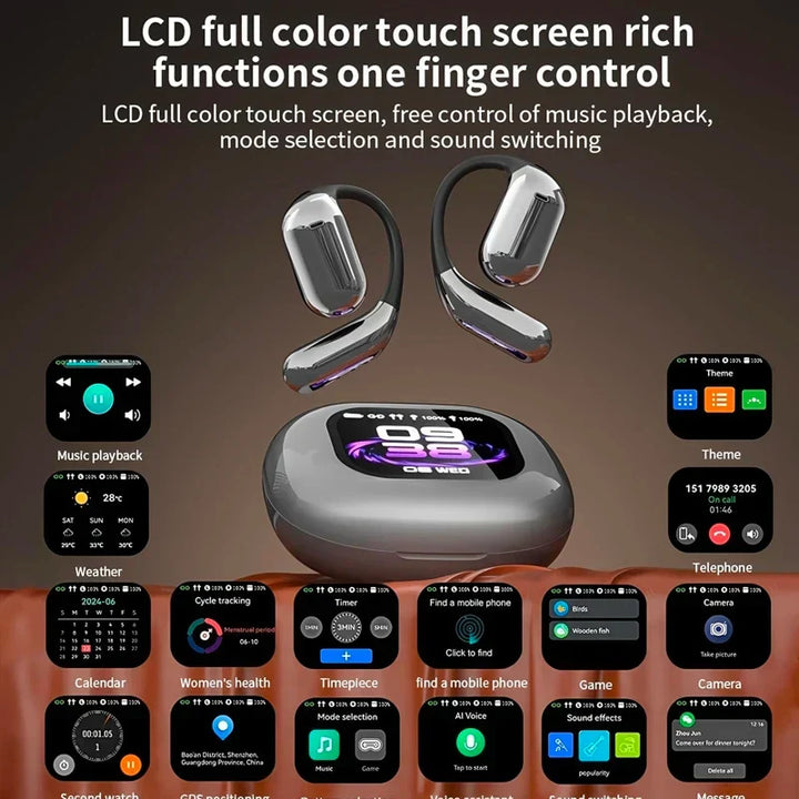 Innovatives Bluetooth-Gadget: Lexora Echtzeit-Übersetzer-Ohrhörer mit smartem Touch-Display für schnelle Dialoge.