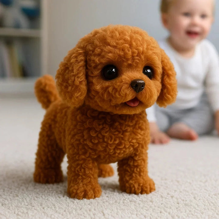 Detailaufnahme eines realistischen Plüschhundes. Weiches, sicheres Kuscheltier & interaktives Plüschtier für Kinder.