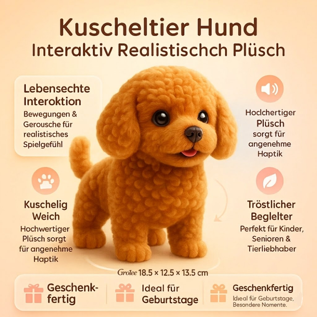 Beweglicher, interaktiver Spielzeug Welpe. Realistisches Plüschtier, das Kinder zum Spielen animiert. Bellen inklusive.