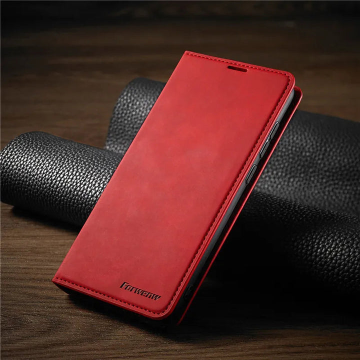 Rückansicht einer iPhone Wallet Hülle aus Kunstleder. Robuste Smartphone Schutzhülle mit präzisen Aussparungen.