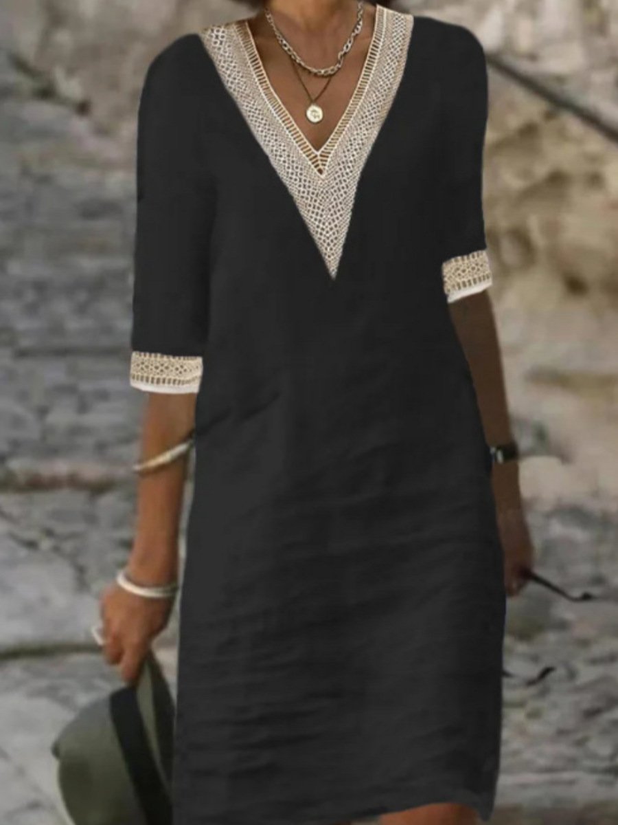 Modisches Damen Spitzenkleid mit schmeichelndem V-Ausschnitt & praktischen 3/4 Ärmeln; bequem für Herbst & Frühling.