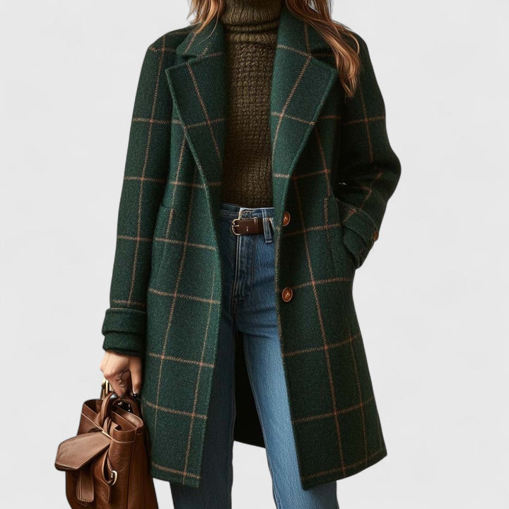 Eleganter Damen Karomantel in klassischem Design, perfekt für Herbst und Winter. Zeitlose grüne Oberbekleidung.
