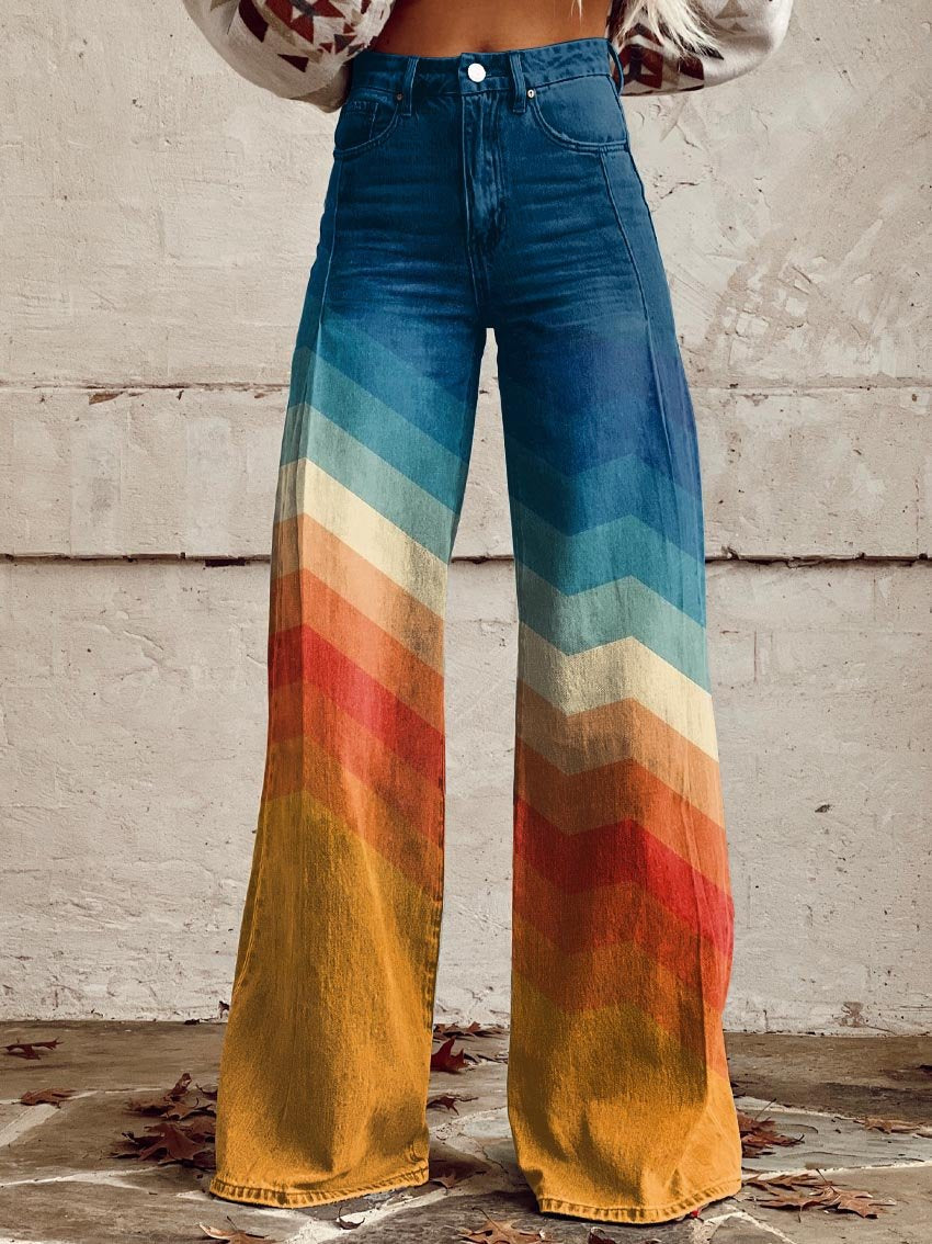 Blaue Damen Vintage Retro Baggy Jeans mit weitem Bein für einen lässigen 90er-Jahre-Look.