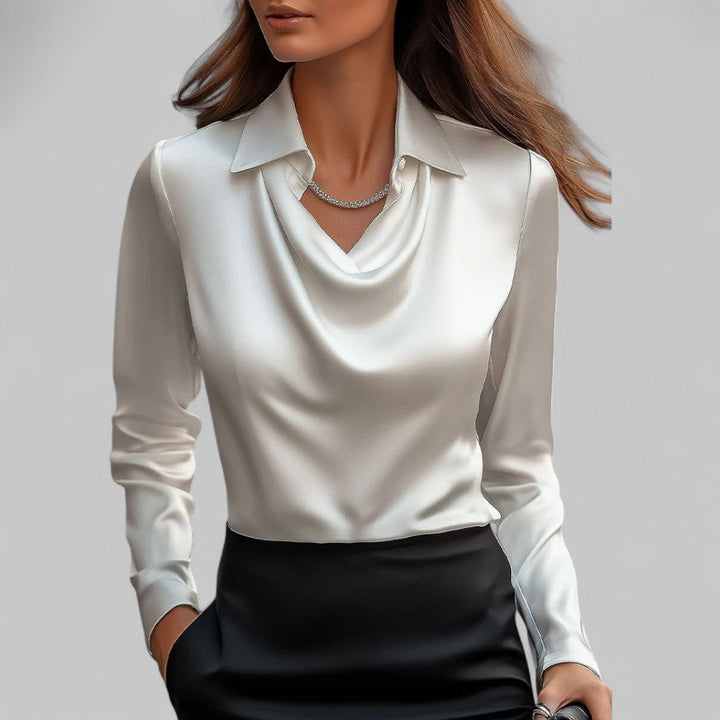 Elegante Damen Bluse mit stilvollem Wasserfallausschnitt für festliche Anlässe & Büro. Langarm Oberteil.