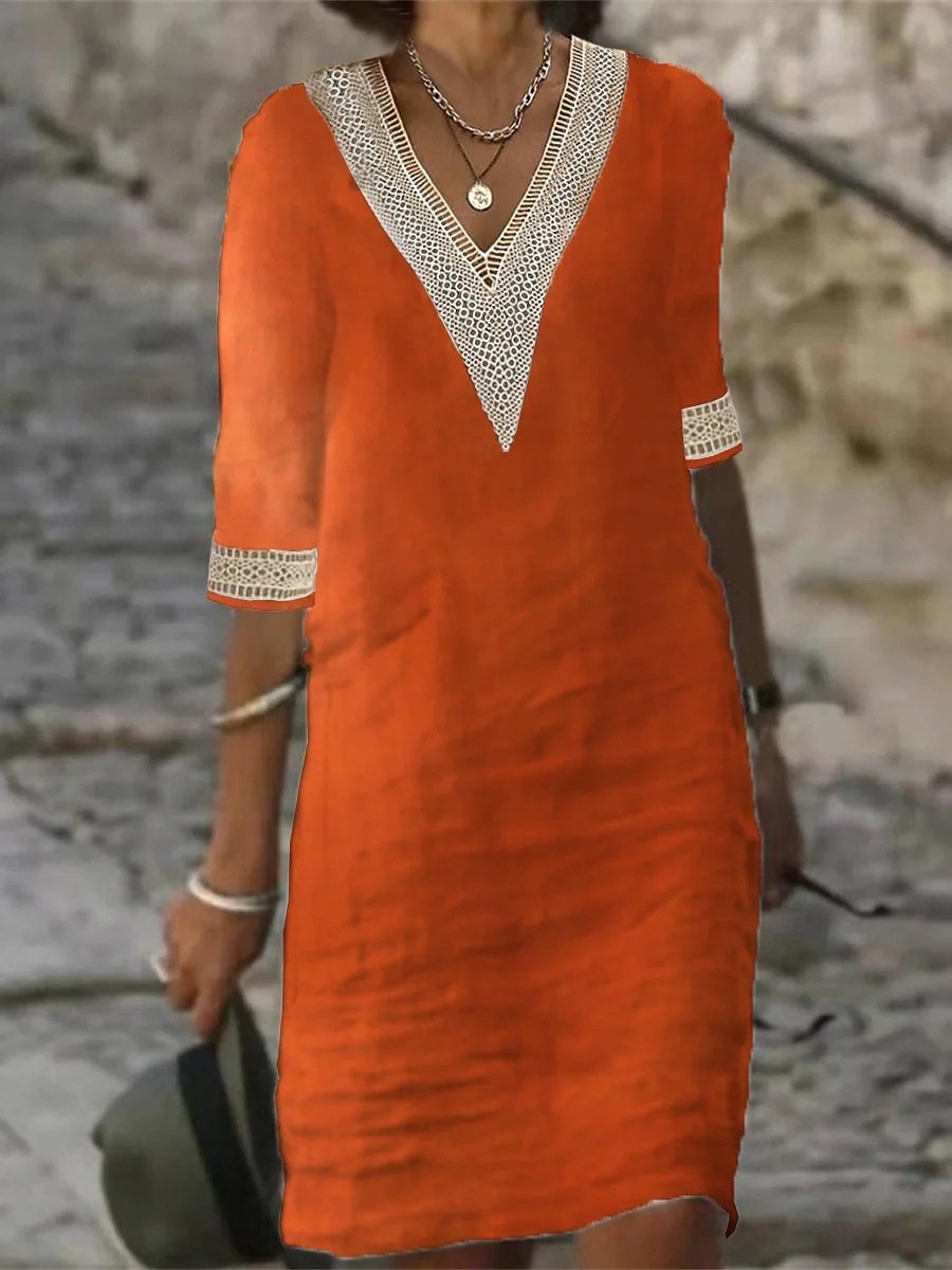 Damen Herbstkleid mit elegantem Spitzen-V-Ausschnitt & bequemen 3/4 Ärmeln; ideal für Freizeit & Büro.