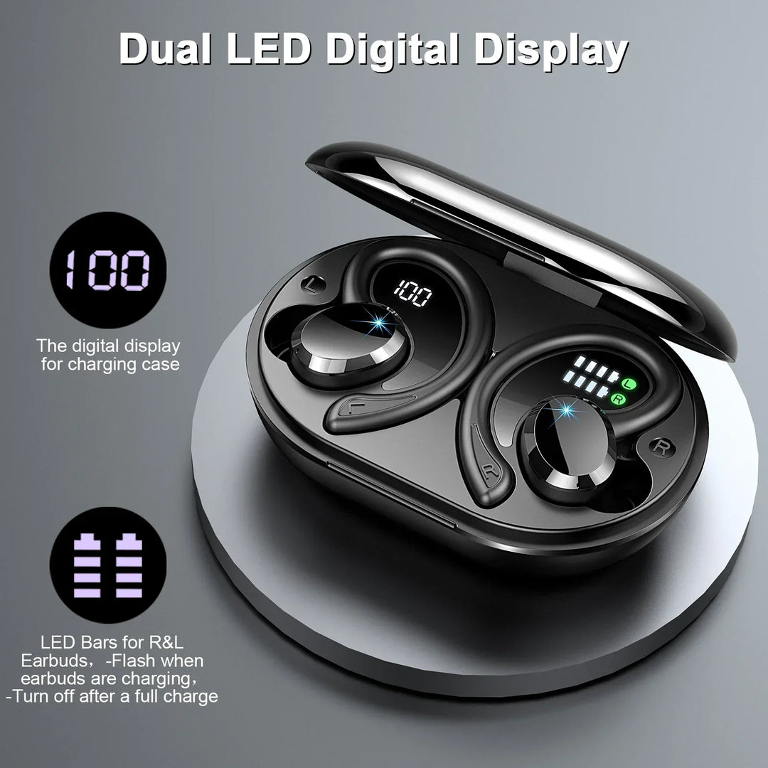 Offenes Ladecase der AeroTune Wireless Earbuds, zeigt Ohrhörer und Ladeanzeige.