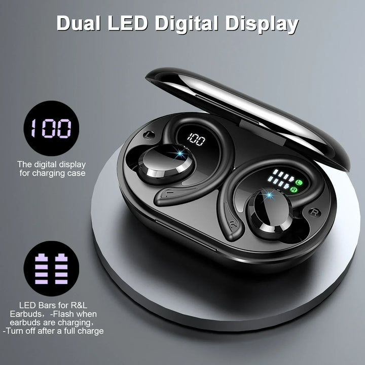 Offenes Ladecase der AeroTune Wireless Earbuds, zeigt Ohrhörer und Ladeanzeige.