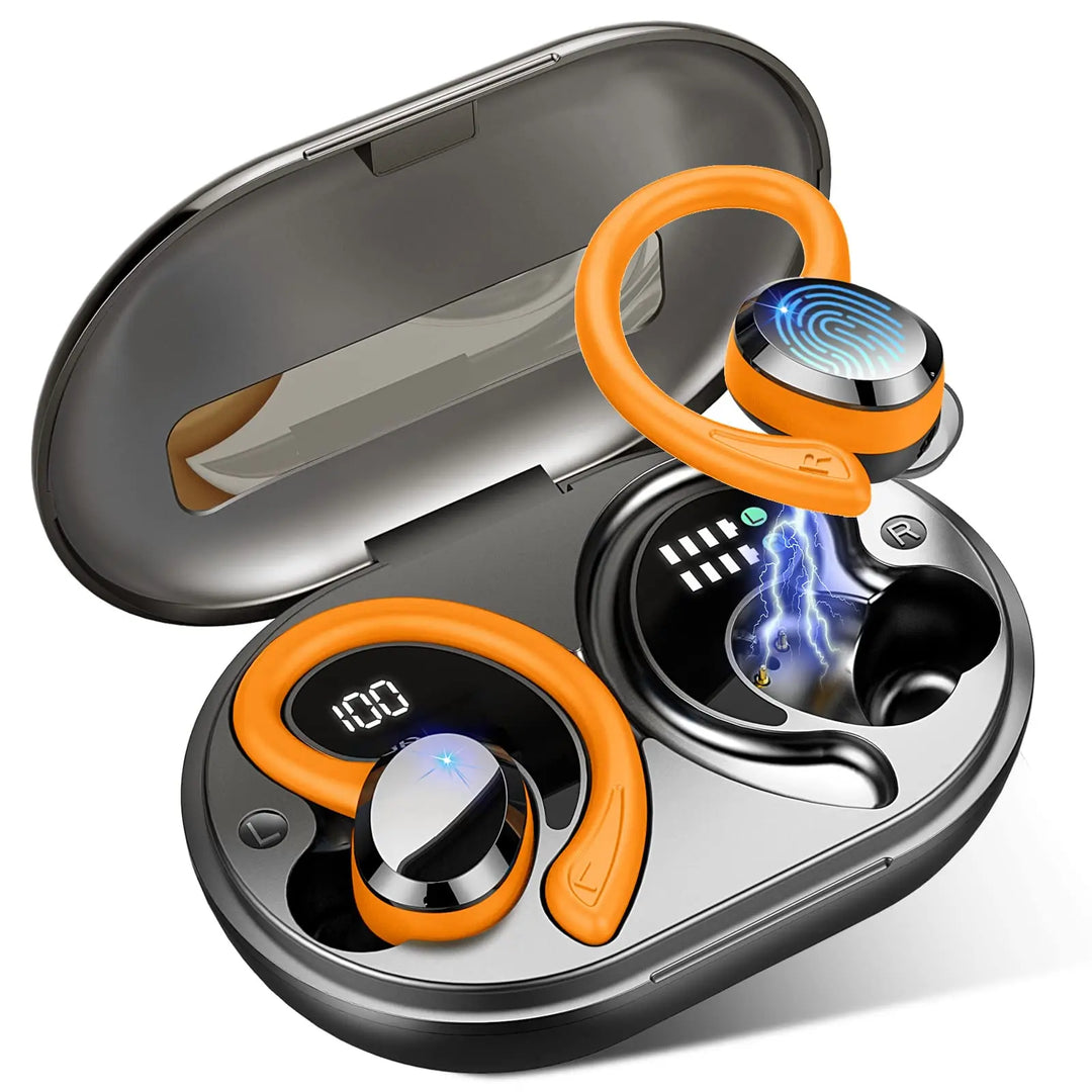 Drahtlose AeroTune Kopfhörer, schwarz, mit Ladecase frontal präsentiert. Perfekt für Audio.