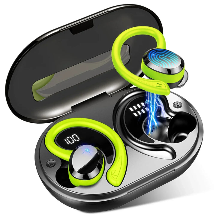 AeroTune kabellose Ohrhörer und Ladecase, symbolisiert lange Akkulaufzeit & Mobilität.
