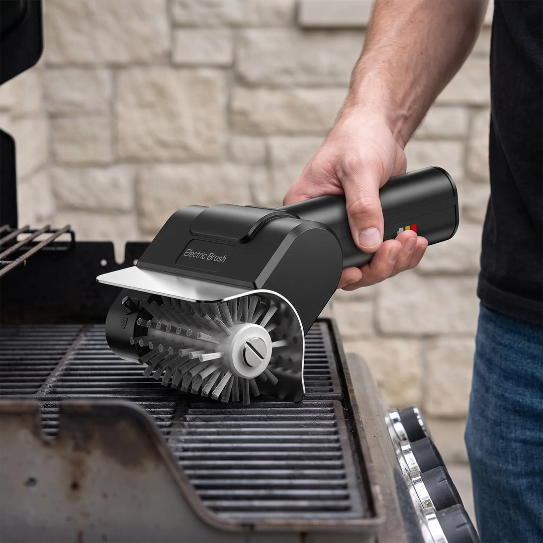 Kabellose elektrische Grillbürste mit stabilen Edelstahlborsten für effiziente Grillrost-Reinigung. Perfekt für Outdoor.