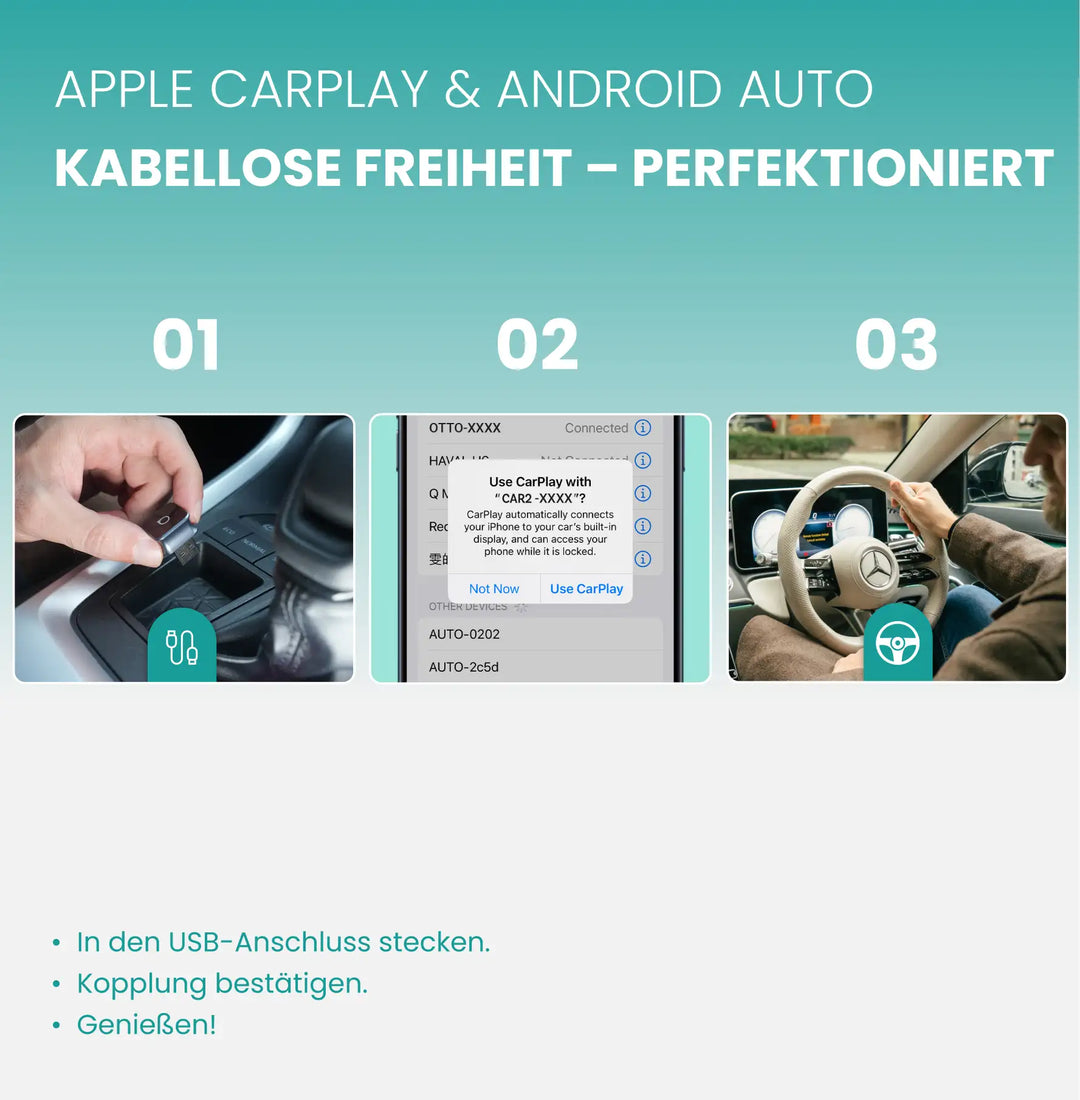 Kabelloser Adapter, verwandelt kabelgebundenes CarPlay/Android Auto in drahtloses System.
