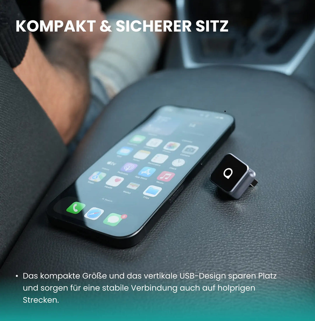 Kabelloser CarPlay & Android Auto Adapter; ermöglicht drahtlose Navigation und Freisprechanlage.