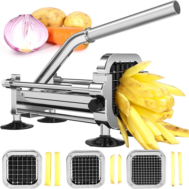 Premium Pommes-Schneider aus Edelstahl, perfekt zum schnellen Schneiden von Kartoffeln für knusprige Pommes frites.