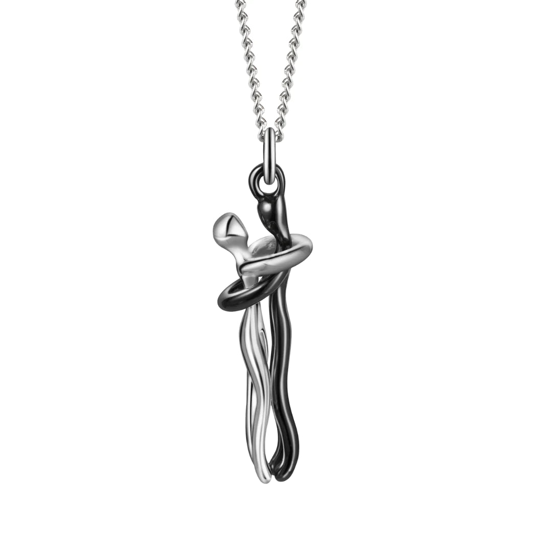 Silberne Umarmungs-Paar-Halskette, Unisex. Symbol ewiger Liebe & tiefer Verbundenheit.