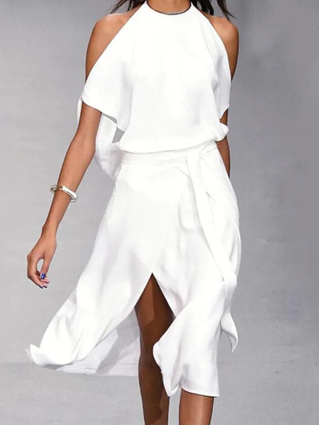 Schickes Damen Sommer Midikleid im Cold-Shoulder Design. Bequemes, fließendes Kleid mit Bindegürtel für warme Tage.