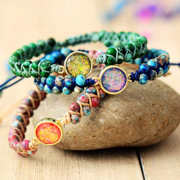 Boho Damen Armband mit echten Opal- & Jaspis-Heilsteinen für Energie & Wohlbefinden; stilvolles Geschenk.