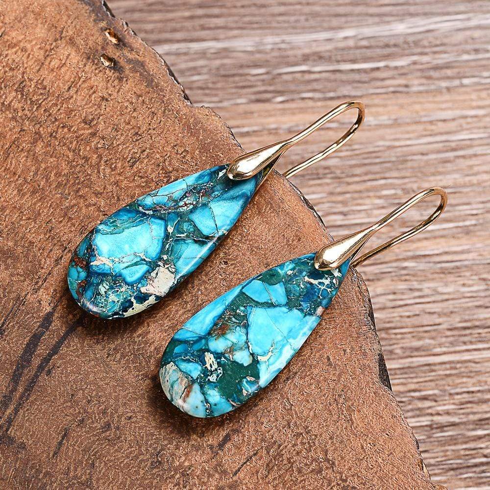 Edle Damen Ohrringe mit blauem Jaspis, Tropfenform. Erhältlich mit Gold- oder Silber-Elementen, ein Blickfang.