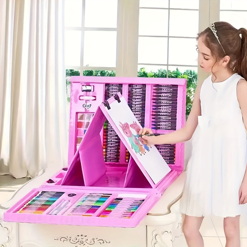 Kinder Kunstset 208 Teile, geöffnet, mit Buntstiften, Markern & Wasserfarben für kreativen Malspaß.