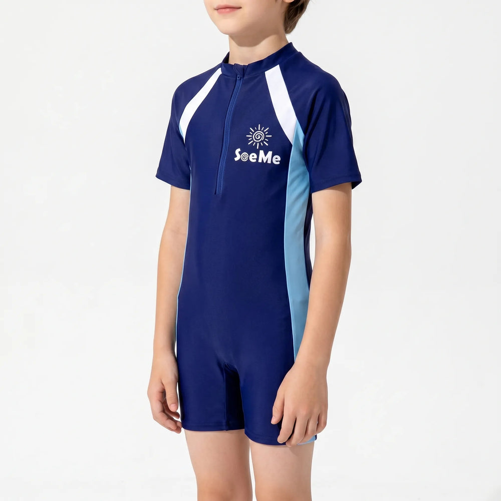 Einteiliger Kinder Kurzarm-Rashguard mit Reißverschluss, modisch & praktisch für sommerlichen Strand- & Poolspaß.