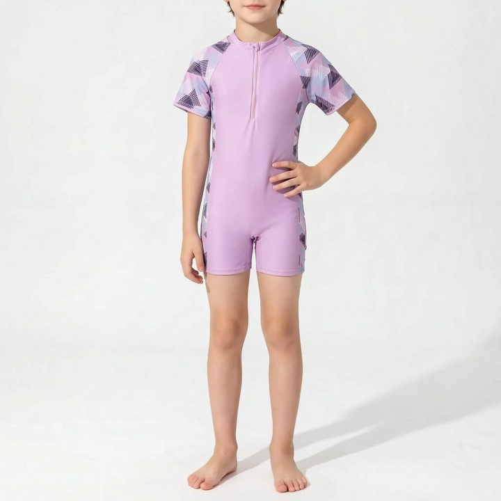 Kinder Bademode: Einteiliger Kurzarm-Schwimmanzug mit Reißverschluss. Perfekt für Strand, Pool & Wasserspaß der Kleinen.