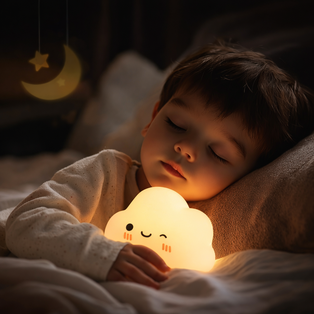 Niedliches Wolken LED Nachtlicht für Kinder. 7 dimmbare Farben, wiederaufladbar. Perfekte Einschlafhilfe fürs Kinderzimmer.