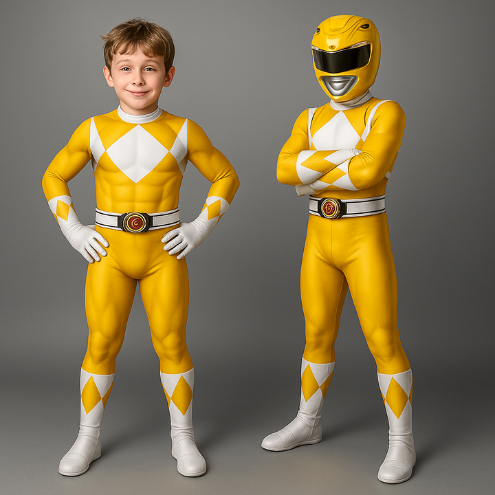 Ganzkörperansicht des dynamischen Kinder Superhelden Kostüm Jumpsuits mit Maske für Party & Cosplay.