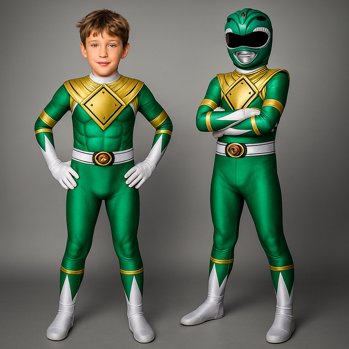 Kind im dynamischen Superhelden Jumpsuit Kostüm mit Maske, bereit für actionreiche Abenteuer & Cosplay.