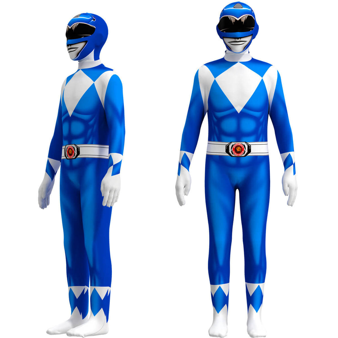 Frontansicht eines bunten Kinder Superhelden Kostüm Jumpsuits mit Maske, bereit zum Spielen.