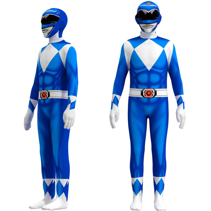 Frontansicht eines bunten Kinder Superhelden Kostüm Jumpsuits mit Maske, bereit zum Spielen.