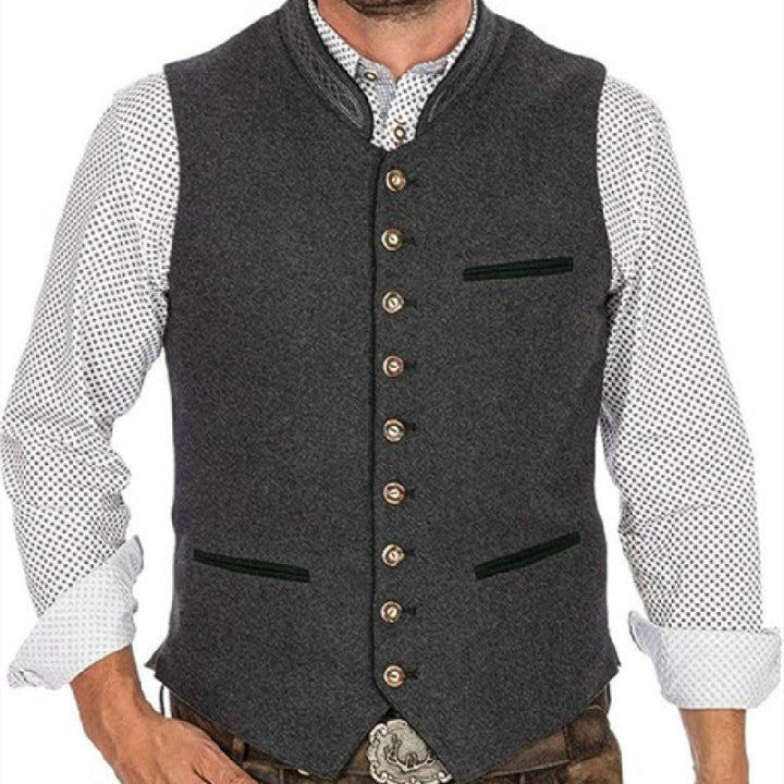 Klassische Herren Trachtenweste Falken-Stein mit Stehkragen in Grau. Ideal für Oktoberfest & festliche Anlässe.