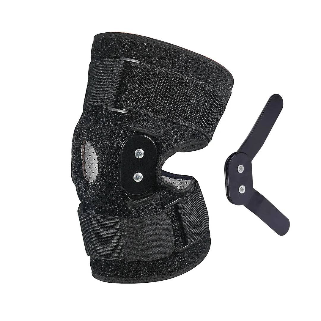 Ergonomische Kniebandage mit beidseitigem Scharnier und Klettverschlüssen für individuelle Anpassung & Stabilität.