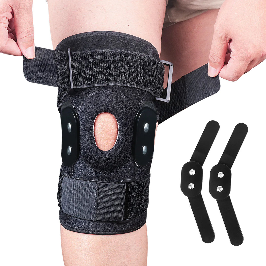 Person trägt die schwarze, verstellbare Kniebandage. Ideale Passform für Komfort und maximale Knie-Stabilität.