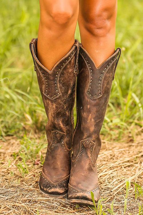 Komfortable Damen Western Stiefel in klassischem Cowboystil mit Blockabsatz, perfekt für Frühling & Herbst.