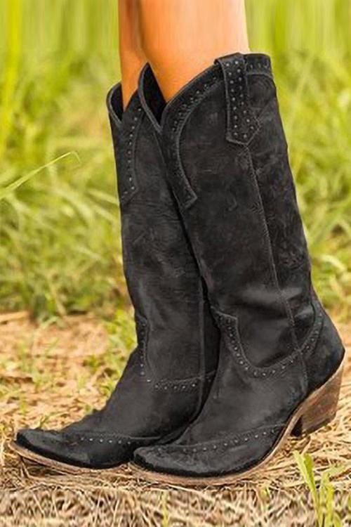 Elegante Damenschuhe: Schwarze Cowboystiefel mit Western-Details und bequemem Blockabsatz für jede Saison.