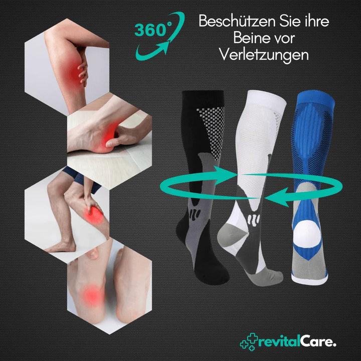 Atmungsaktive Kompressionsstrümpfe, unterstützen die Blutzirkulation bei langem Stehen.