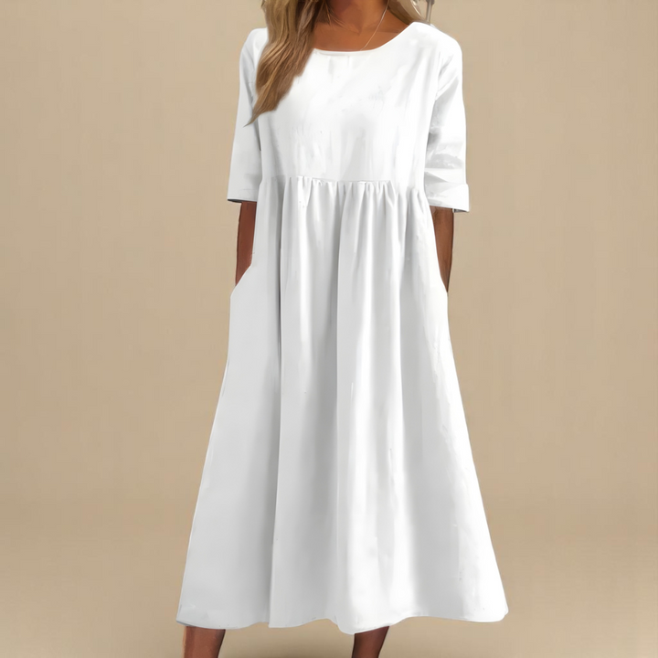Vielseitiges Damen Midikleid mit Rundhals & Taschen; ein lässiges Relaxed Fit Sommerkleid, auch für grosse Grössen.