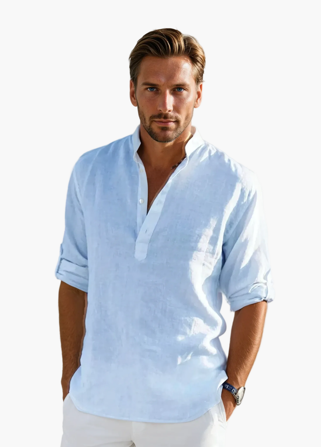 Lässiges & elegantes Herrenhemd für den Sommer, mit Stehkragen; vielseitig für Freizeit & Business Casual.
