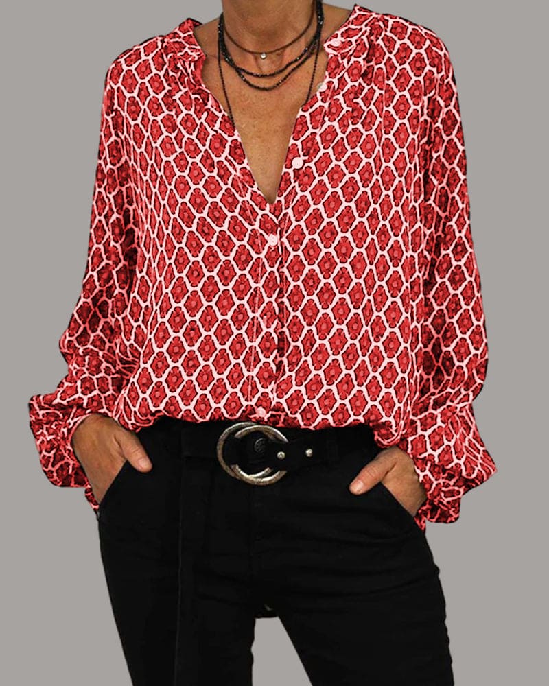 Sommerliche Damen Musterbluse mit V-Ausschnitt für einen chicen und komfortablen Look.