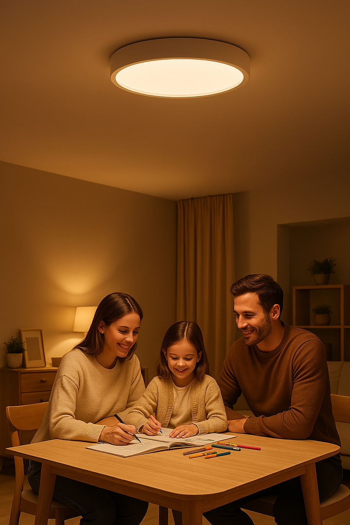 Skandinavische Design LED Deckenleuchte, rund und hell, schafft gemütliches Ambiente in jedem Raum.